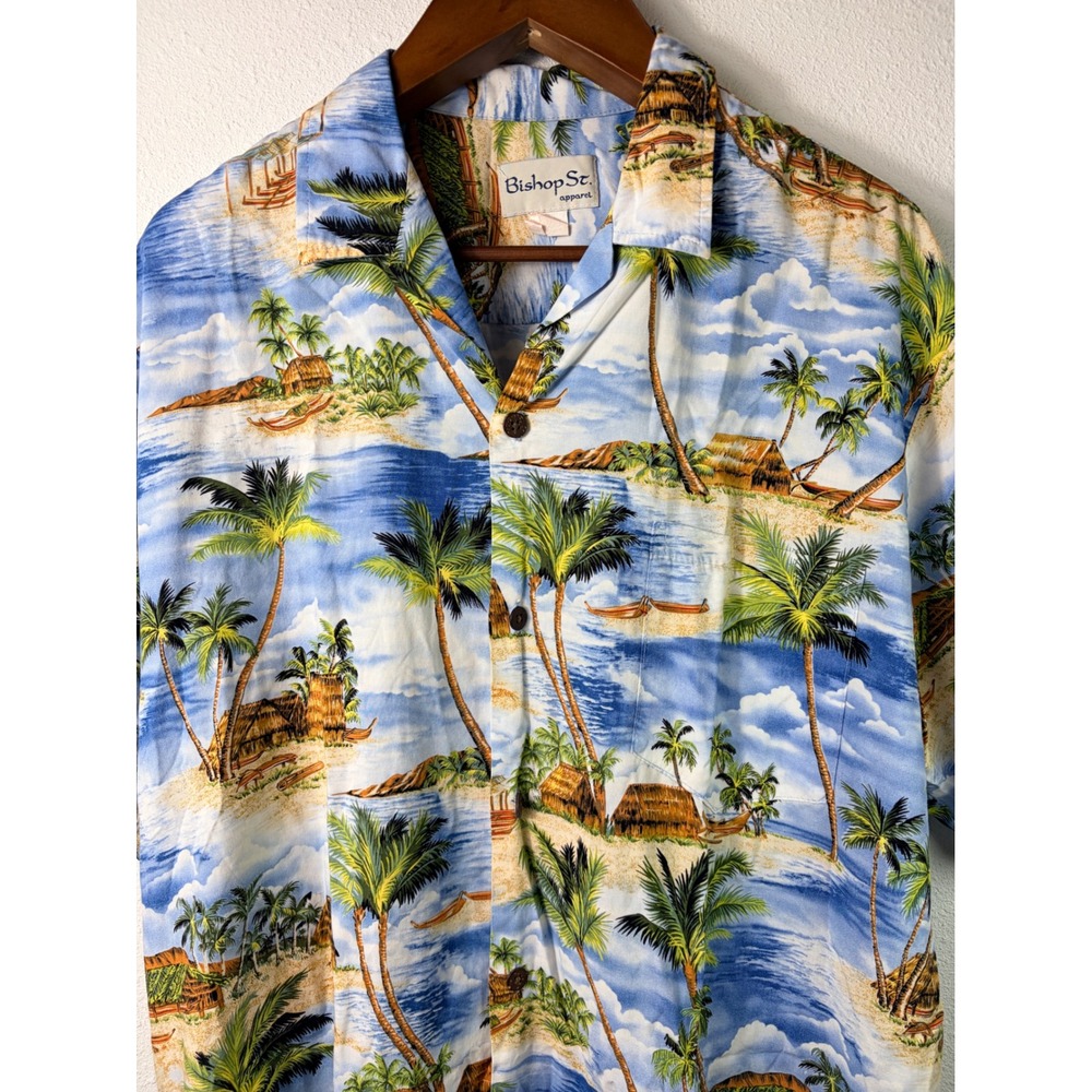 Bishop St. Mens Button Down Shirt Blue XL Tropical Aloha Camp Island Print